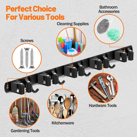 Two Pack Heavy Duty Broom Holder Wall Mount With Five Racks And Four Hooks Stainless Steel Mop And Broom Organizer with tools shown