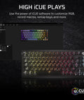 Top Shelf Wireless 75 Percent Gaming Keyboard Featuring Hot Swap MLX Tactile Switches Premium PBT Double Shot Keycaps And Glowing Per Key RGB Backlighting in action with iCUE software customization.