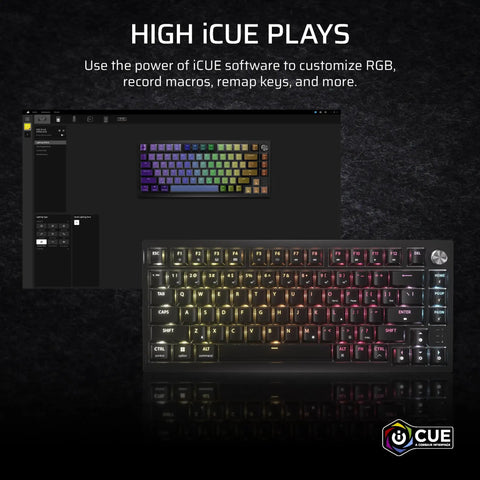 Top Shelf Wireless 75 Percent Gaming Keyboard Featuring Hot Swap MLX Tactile Switches Premium PBT Double Shot Keycaps And Glowing Per Key RGB Backlighting in action with iCUE software customization.