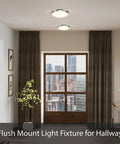Three Light Semi Flush Mount Ceiling Light In Brushed Nickel With Patterned Glass Shade installed in modern hallway