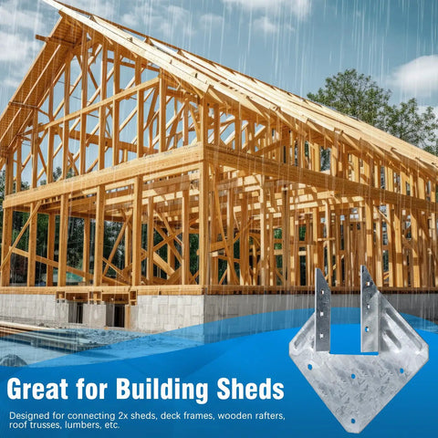 25 Pack 18 Gauge Hurricane Ties For Rafters And Shed Roofs with visible galvanized bracket next to a wooden shed frame