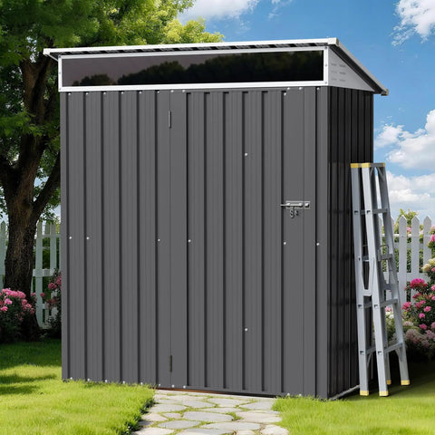 5x3 Ft Outdoor Storage Shed With Window, Metal Garden Shed, Lockable Single Door, in a backyard setting.