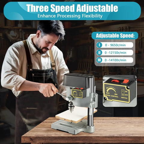Totally Legit Heavy Duty Mini Bench Drill Press 340W Variable Speed Portable Tool With Rock Solid Cast Iron Base carving holes in wood with adjustable speed settings.
