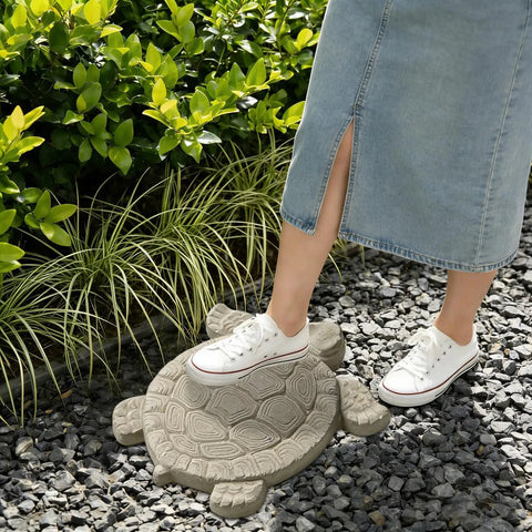 Turtle Shaped Paving Mold For DIY Stepping Stones And Garden Pathways Concrete Cement Mould Reusable Stamp For Patio Sidewalk 17.3 By 15 Inches Easy To Use Fun Backyard Project shown in a garden setting with concrete pattern.