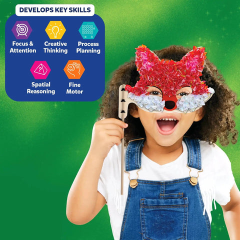 Child wearing a red and white fox mask from Poke In Art Animal Masks Craft Kit With 800 Plus Fabric Squares And 6 Foam Masks Mess Free Sewing Activity For Kids Ages 4 5 6 7 8 9 A Fun Creative Gift For Girls And Boys Who Love Hands On Arts And Imaginative Play And Kid Friendly Fun.