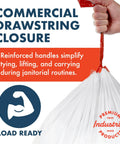 Close-up of 13 Gallon Heavy Duty Trash Bags With Drawstring For Office And Janitorial Use, Leak Resistant White Waste Can Liners being held.