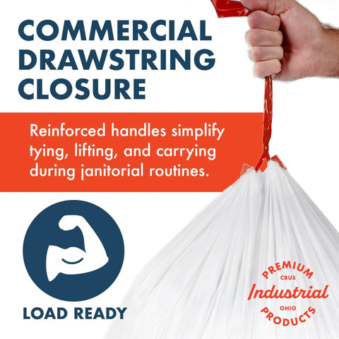 Close-up of 13 Gallon Heavy Duty Trash Bags With Drawstring For Office And Janitorial Use, Leak Resistant White Waste Can Liners being held.