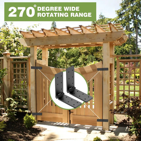 Hardcore 270 Degree Double Layer Butt Hinges For Wood Gates And Fences shown on a wooden gate with a 270-degree swing and outdoor setting.