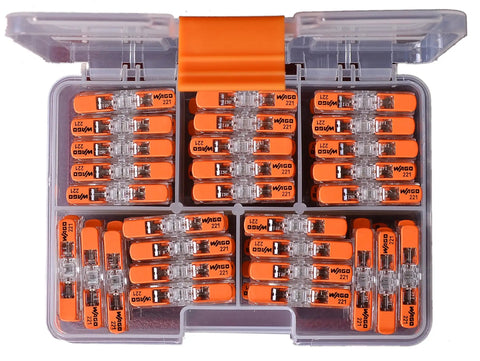 DIY Friendly Lever Nut Inline Wire Connectors 221 Series 87-Piece Case Set with easy grip levers and clear body in case