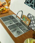 Top view of Double Bowl Stainless Kitchen Sink 33 Inch Left To Right 22 Inch Front To Back 8 Inch Deep Topmount Drop-In 4 Hole