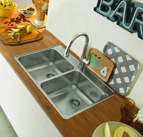 Top view of Double Bowl Stainless Kitchen Sink 33 Inch Left To Right 22 Inch Front To Back 8 Inch Deep Topmount Drop-In 4 Hole