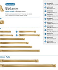 Various sizes of Bellamy Champagne Bronze cabinet pulls and knobs with product codes, showcasing their different center-to-center measurements.