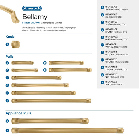 Various sizes of Bellamy Champagne Bronze cabinet pulls and knobs with product codes, showcasing their different center-to-center measurements.