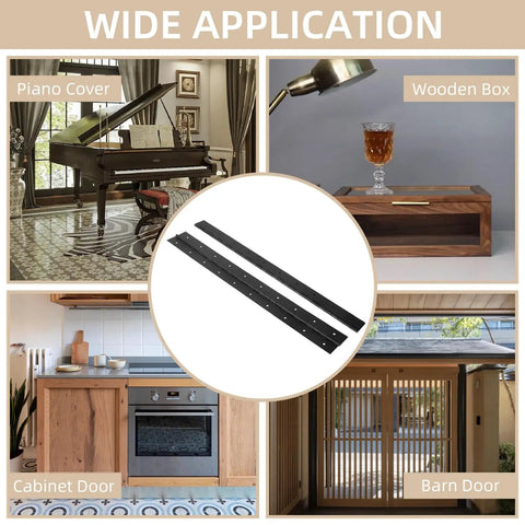 Two Pack Heavy Duty Piano Hinges 36 Inch Stainless Steel Continuous Barrel Hinges With Mounting Screws Black Hardware For Wood Doors And Cabinets displayed in various applications including cabinet door and wooden box.