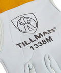 1338M Goatskin Tig Glove With Cuff Medium White Gold Welders Gear Pro Grade Heavy Duty glove showcasing logo and stitching detail