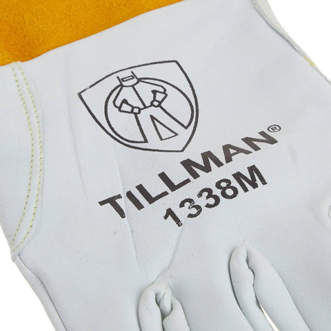 1338M Goatskin Tig Glove With Cuff Medium White Gold Welders Gear Pro Grade Heavy Duty glove showcasing logo and stitching detail