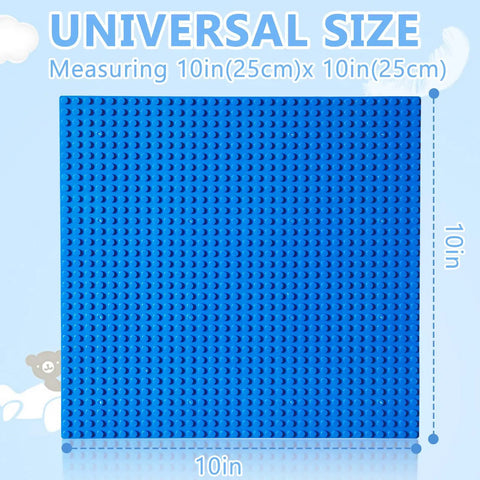 Four 10x10 Classic Building Brick Baseplates Set In Green Black Blue And Dark Grey For Totally Creative City Castle And Vehicle Builds, A Universal Play Surface To Expand Any Brick World And Boost Multiplayer Fun. Blue 10x10 ABS brick baseplate, top view, 10 in x 10 in