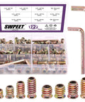 122 Piece Wood Insert Nut Kit Zinc Plated Carbon Steel Hex Socket Threaded Wood Inserts For Furniture And Soft Wood Projects Includes 1/4 Inch And 5/16 Inch Assortment Fasteners with hex wrenches in a box