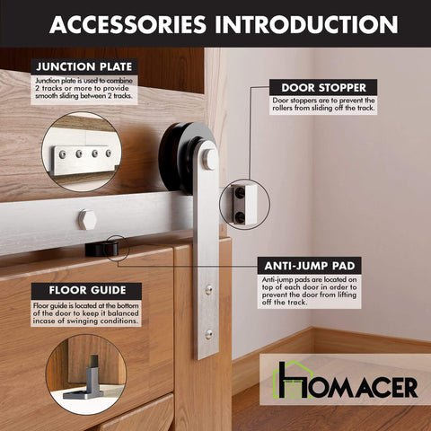 Mini Brushed Nickel Sliding Barn Door Hardware Kit for Two Doors with 54 Inch Flat Track, Straight Rollers, accessories view
