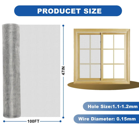 Heavy Duty 304 Stainless Steel Window Screen Roll 47 Inch By 100 Feet For Doors Patios Pets Vents And Porches DIY Mesh Replacement 20 Mesh Silver Weatherproof Easy To Fit Pro Grade next to window diagram showing dimensions and hole size.