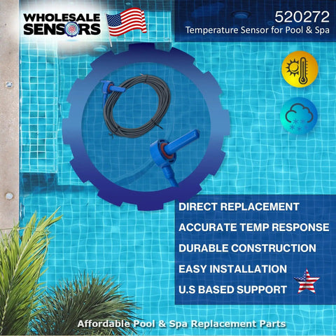 Two Pack Replacement Temperature Sensor For Pentair 520272 Air Water Solar, 10K Thermistor, 20Ft Cable, Compatible With 520272 520872 TS5T And STS5T, OEM Grade DIY Install, 12 Month Warranty, USA Support. Coiled sensor with blue probe and 20 ft cable for pool spa control