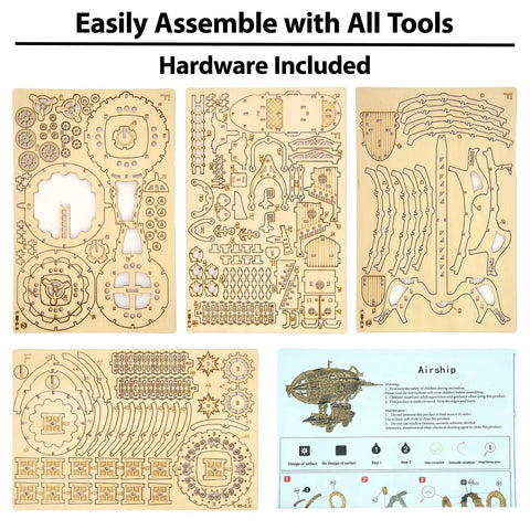 Flatlay of laser-cut sheets for 3D Wooden Airship Puzzle Kit for Adults and Teens I Hands-On DIY Model to Build I No Glue Needed