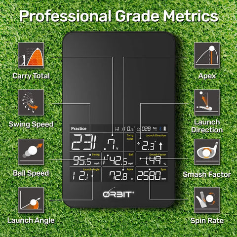 Orbit Golf Simulator And Launch Monitor For Home With Orion Software display with swing metrics on green background