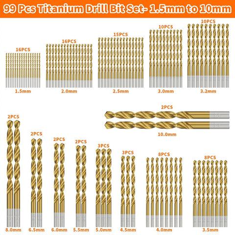 Titanium Coated Drill Bit Set For Metal, Wood, Plastic And Aluminum By ENERTWIST, 99 PC HSS Twist Bits 1.5mm To 10mm