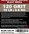 120 Grit Aluminum Oxide Sand Blasting Media For Cabinets And Blasting Guns label, 19 lb pack