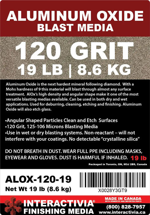 120 Grit Aluminum Oxide Sand Blasting Media For Cabinets And Blasting Guns label, 19 lb pack