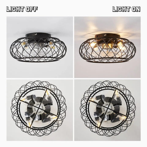 Bladeless 17 Inch Black Ceiling Fan With Remote And Light, Low Profile Farmhouse Style Ceiling Fan With Light On and Off View