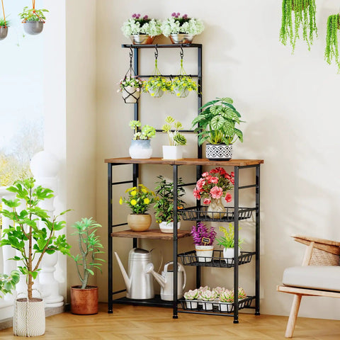 Espresso Bakers Rack With Storage For Coffee Bar And Kitchen Station Shelves Top Surface For Small Appliances 8 Hooks