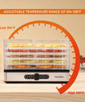 Compact Food Dehydrator Dryer With Adjustable Temp Control And Smooth Airflow Design showing adjustable temperature range dial from 104-158°F.
