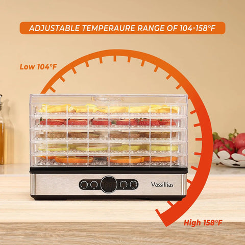 Compact Food Dehydrator Dryer With Adjustable Temp Control And Smooth Airflow Design showing adjustable temperature range dial from 104-158°F.