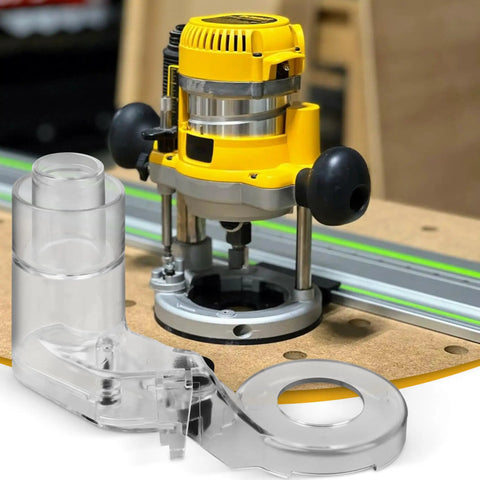 DNP616 Dust Collection Adapter For Plunge Base Routers And DWP611 Compact Router Clear Fits Standard Vacuum Hoses Easy Quick Connect Durable Plastic Build Keeps Your Shop Clean.