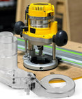 Dust Collection Adapter For DWP611 Compact Router And DNP616 Plunge Base Routers, transparent body in front of router