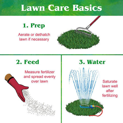 Lawn Care Basics showing steps to use Bio Turf All Natural Lawn Fertilizer For Grass And Ornamentals, 8-3-5 NPK Granular Formula