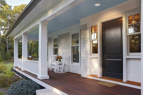 Front porch with rocking chairs under warm lighting from 4 Inch LED Recessed Downlight Kit 6 Pack With White Baffle Trim 90 CRI Five Color Temperature Switch From 2700K To 5000K E Series M2 CP6 High Efficiency Recessed Lighting For Home And Office.