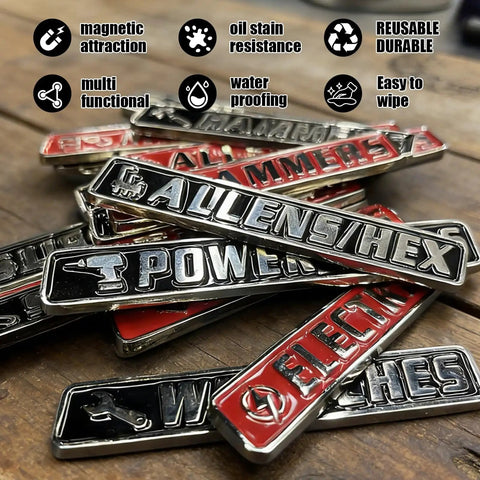12 Pack Magnetic Toolbox Labels Set With 3D Embossed Metal Tags For Pro-Grade Tool Chest Organization, Waterproof And Reusable Identification Badges For Wrenches, Sockets, And Pliers In Black Finish