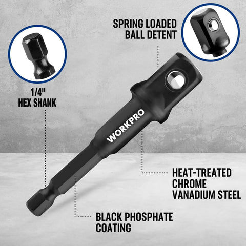 Pro Grade Impact Socket Adapters And Reducers Kit With Universal Joints And Drill Adapters, One Quarter Inch Hex Shank, Steel