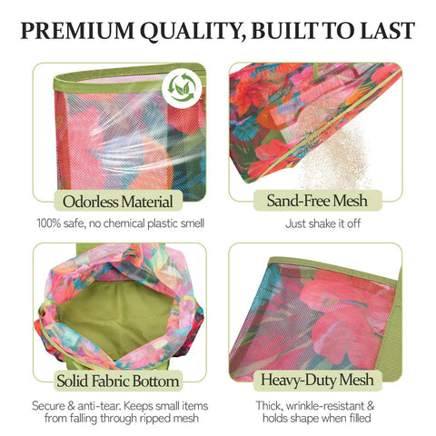 Detachable Pouch Mesh Beach Bag with Zip Pocket showing sand-free mesh features and odorless material, ideal for pool or cruise.