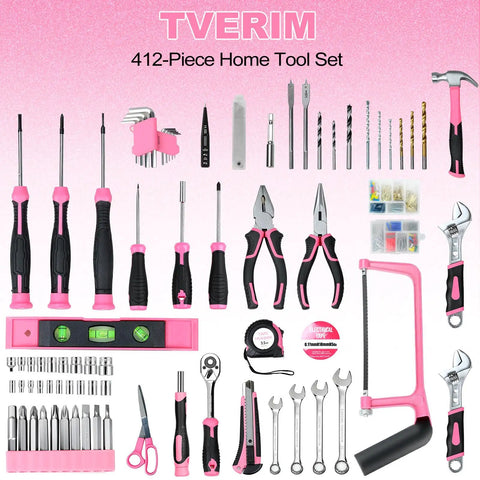Collection of tools from All In One 412 Piece Home And Auto Tool Set With Drawer Organizer And Case For Women And Men