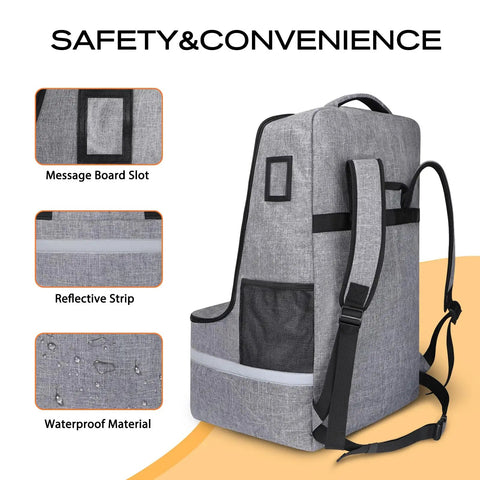 Gate Check Car Seat Travel Bag with padded backpack, waist belt, reflective strips, waterproof material, and message board slot.