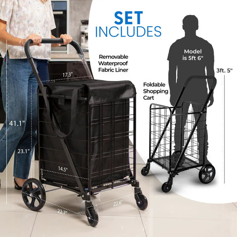 Large Folding Utility Shopping Cart With Removable Liner Heavy Duty Steel Frame 360 Degree Swivel Wheels 110 Lb Capacity shown with model