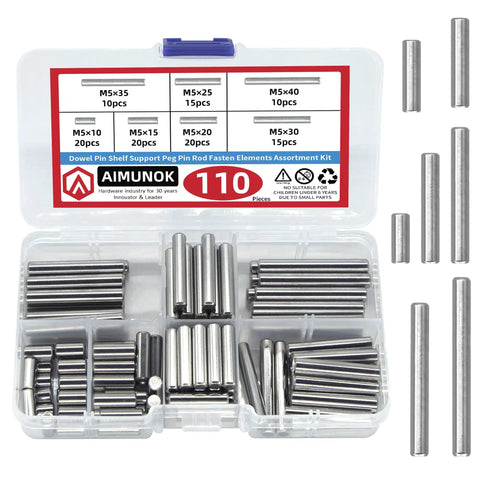 110 Piece Dowel Pins Shelf Support Peg Kit Stainless Steel Unthreaded Pins M5 Size Range 10 15 20 25 30 35 40mm For Cabinets And Shelves Heavy Duty Anti Rust Durable Fastener Elements