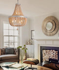 Six Light Farmhouse Boho Wood Bead Chandelier Modern Natural Wooden Beaded Pendant Light Fixture in living room scene
