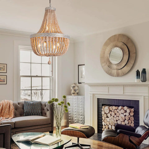 Six Light Farmhouse Boho Wood Bead Chandelier Modern Natural Wooden Beaded Pendant Light Fixture in living room scene
