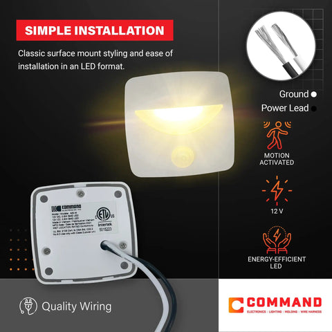 12V LED Motion Activated Step Light For RVs Campers And Trailers Surface Mount With Clear Lens White Frame 2 Pack 2.5 By 2.5 Inch Includes Hardware And Connectors Durable Lighting For Boats, front and wiring view