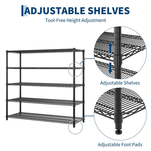 Adjustable shelves on Tough As Nails Rock Solid Heavy Duty Metal Storage Rack Five Tier Wire Shelf for garage use.