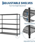 Heavy Duty Wire Shelving Rack With Five Tier Carbon Steel Build And 640 Pound Load Rating That Really Knocks The Clutter Out Of The Park For Your Home Or Garage. Adjustable shelves and foot pads visible.